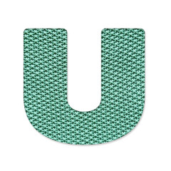 Knitted fabric letter U on transparent background. Cozy uppercase alphabet symbol for kids design, education or decorative craft projects