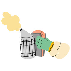 Beekeeper using smoker tool for hive management. Hand operating a smoker, a tool used to calm bees during hive inspection or honey collection.  