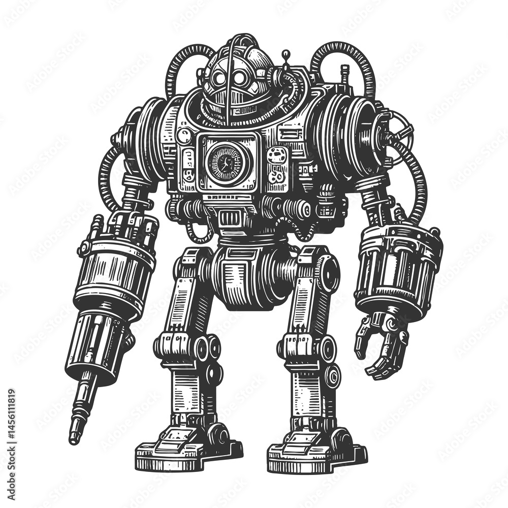 Poster robot with clenched fists, showcasing a classic retro style in detailed line art sketch engraving ge
