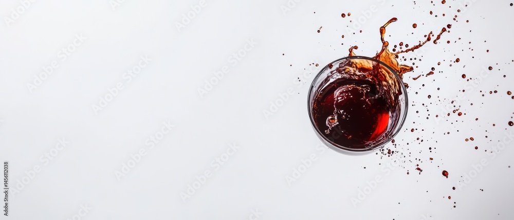 Poster refreshing dark red liquid splashing dynamically from a clear glass on a clean white background, cre