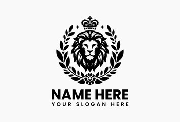 Minimalist lion head with floral crown and sleek crown design in elegant line-art vector logo, blending power and grace for premium modern branding  
