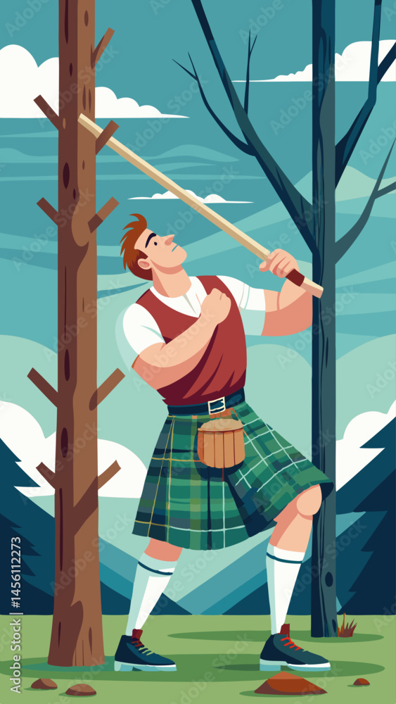 Poster a man in a plaid kilt is holding a stick and looking up at a tree. the image has a mood of adventure