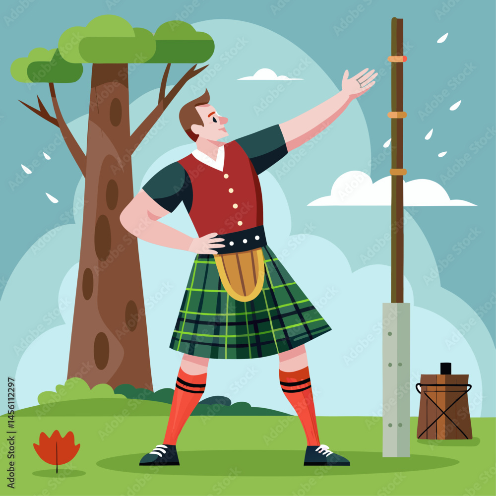 Poster a man in a plaid kilt is holding a stick and looking up at a tree. the image has a mood of adventure