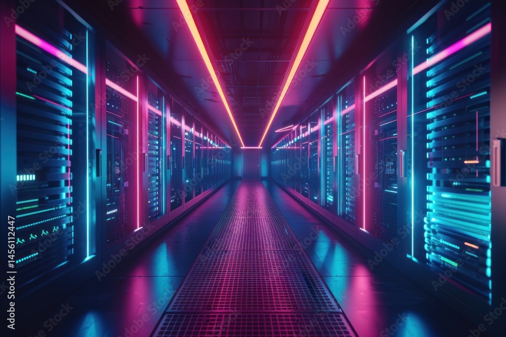 Poster futuristic server room with neon lights illuminating the rows of computer server