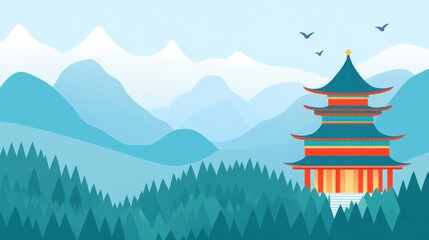 Fototapeta premium Tranquil asian landscape with temple mountain range and misty forest offering a sense of peace travel exploration and cultural serenity