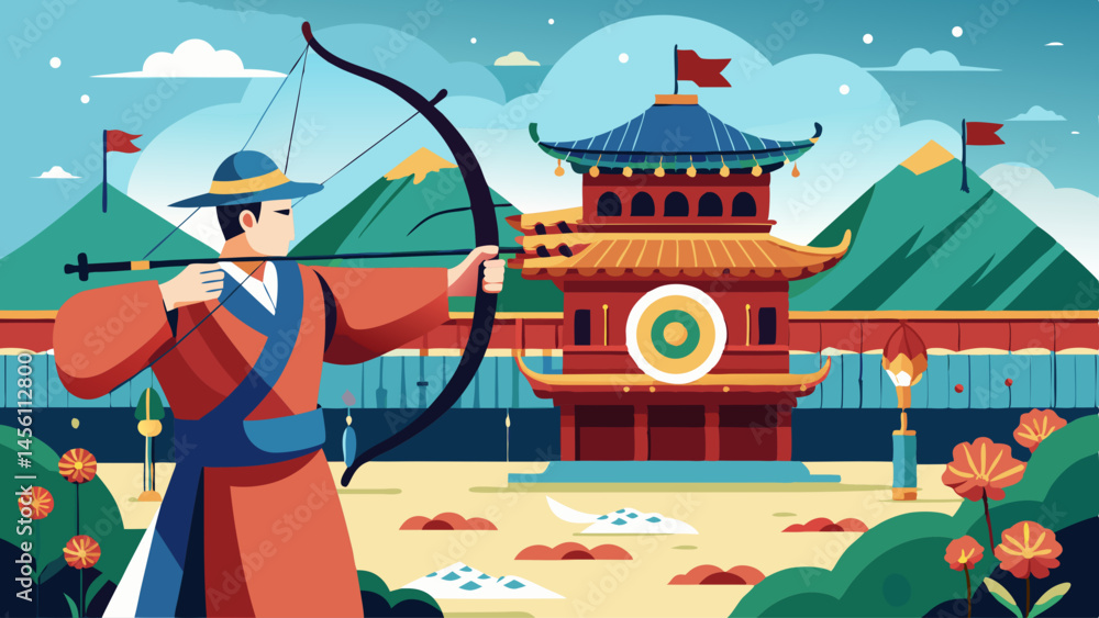 Poster a man is drawing a picture of a man with a bow and arrow. the man is wearing a red robe and is stand