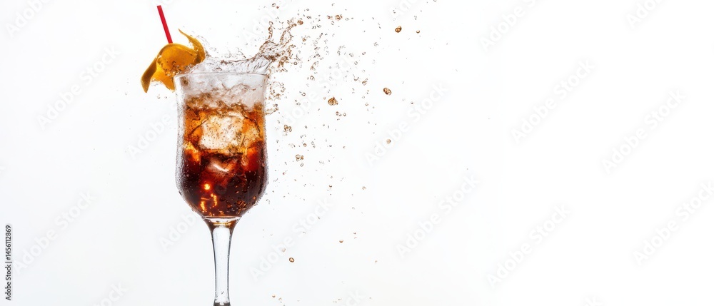Aufkleber refreshing cola drink with ice cubes and orange slice splashing against a white background concept o