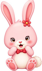 Obraz premium Pink Bunny with Red Bow and Flower, Transparent Background