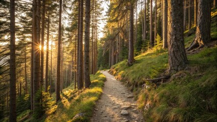 A serene forest path illuminated by sunlight, surrounded by tall trees and lush greenery, inviting exploration and tranquility.