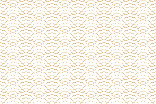 Elegant, seamless Art Nouveau seamless pattern with scallop shape and gold line in wave form. Vector illustration.
