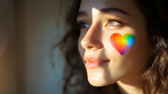 Pride month, LGBT community, young woman, girl with a rainbow heart on her cheek, love is love - Powered by Adobe