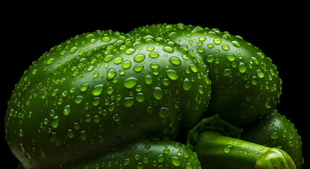 Fresh Green Bell Pepper Covered in Droplets on a Black Backdrop