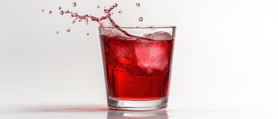 Refreshing red drink with ice cubes splashing in a clear glass on a white background Concept of summer, refreshment, and beverage