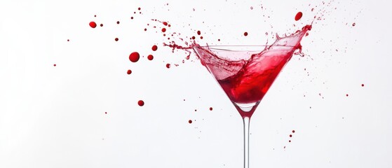 Fototapeta premium Vibrant red cocktail splashing dramatically in a martini glass against a clean white background, showcasing celebration, refreshment, and dynamic movement