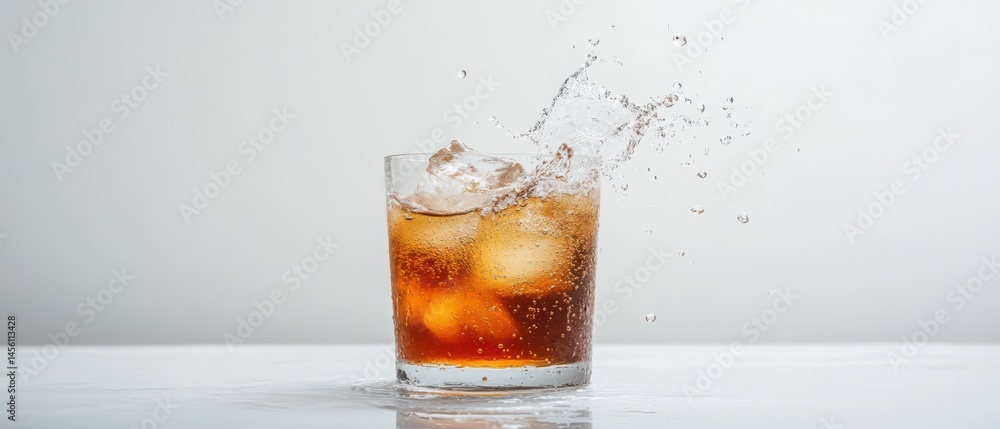 Poster refreshing cola drink with ice cubes splashing in a clear glass on a white table, creating a dynamic
