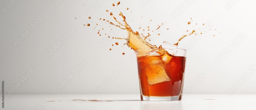 Poster refreshing iced tea with splash and ice cubes in a clear glass on a white table, capturing the dynam