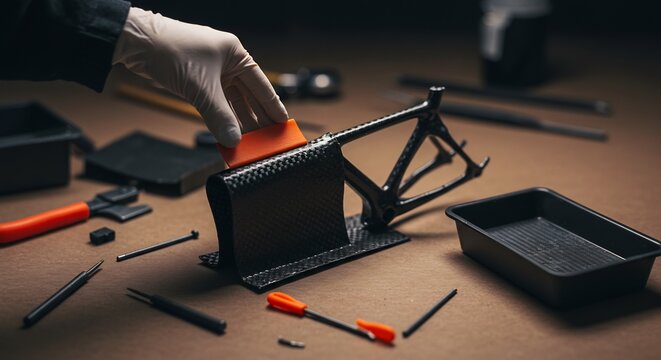 Applying Orange Film to Bicycle Frame During Assembly