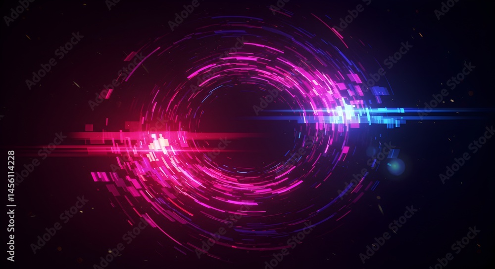 Poster abstract dynamic vortex pink and blue neon lights swirling in a dark space, creating a futuristic an
