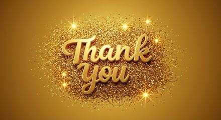 Golden shimmer effect background with thank you text and glittering bokeh light. Abstract festive backdrop concept for celebration and gratitude message.