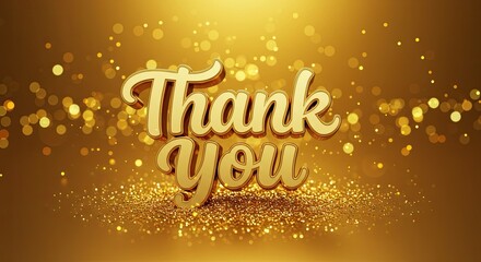 Golden shimmer effect background with thank you text and glittering bokeh light. Abstract festive backdrop concept for celebration and gratitude message.