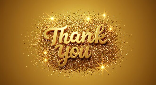 Golden shimmer effect background with thank you text and glittering bokeh light. Abstract festive backdrop concept for celebration and gratitude message.