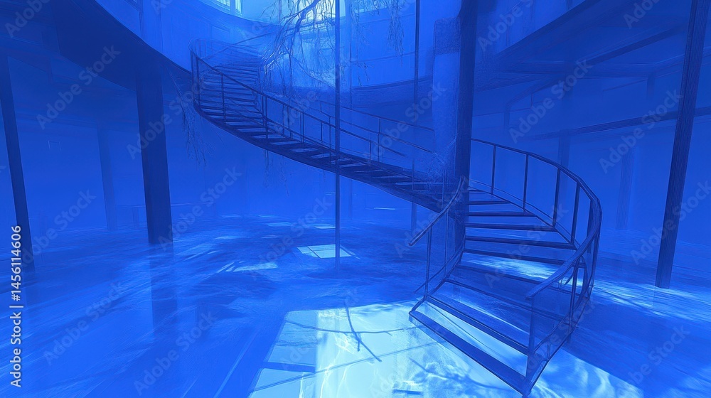 Poster abstract architectural spiral staircase in blue tones for modern art and design projects with depth 