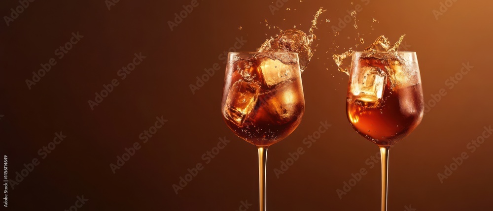 Aufkleber refreshing cola drink with ice cubes splashing in two elegant wine glasses on a brown background con