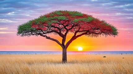 Obraz premium Majestic Tree at Sunset Over Golden Savanna