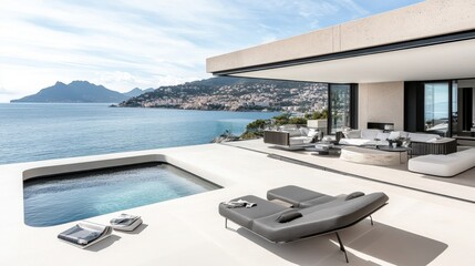 Fototapeta premium Modern luxurious villa with stunning ocean views and an infinity pool offering an idyllic getaway for tranquil relaxation and escape