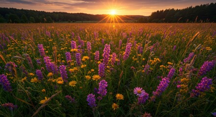 Obraz premium Flowering Meadow at Sunset with Wildflowers and Golden Light