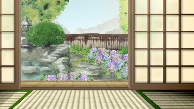 和室から見る紫陽花が咲く庭に雨が降り虹がかかる動画