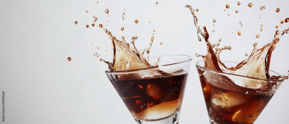 Poster refreshing cola drink with ice cubes splashing out of two clear glasses in a dynamic and energetic s