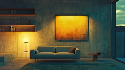 A minimalist loft living space with exposed concrete walls, mid-century modern sofas and abstract art decor paired with warm mood lighting.