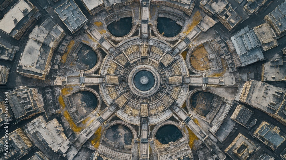 Poster circular aerial view of a densely built metropolis showcasing urban planning and infrastructure in a