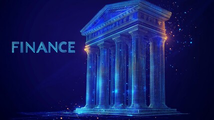 Obraz premium Blue Neon Glowing Outline of a Bank Building on Abstract Background, Finance and Technology Concept.