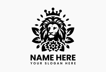 Fierce lion head with a crown of intertwined roses and thorns, heraldic vector emblem for luxury brands and elite sports teams