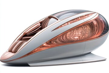 Futuristic, sculpted, personal spa pod.  Features ergonomic seating, lighting, and a smooth, flowing design