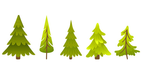 Set of cartoon fir trees. Cute green pine trees in flat style. Forest nature elements for kids design, winter decorations, game assets, woodland scenes and seasonal illustrations.