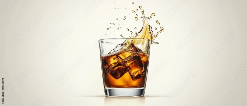 Poster refreshing whiskey and cola cocktail with ice cubes splashing in a glass on a bright background conc