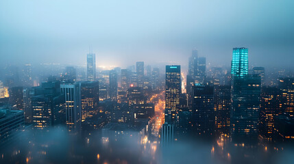 Cityscape shrouded in mystical fog, illuminating urban skyscrapers at twilight
