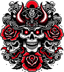 Obraz premium Bold Japanese-inspired artwork featuring a demonic skull trio, red roses, swirling smoke, and a central oni mask with red horns sketch generative ai raster illustration. Black and white image.