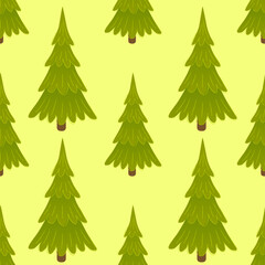 Seamless pattern with fluffy cartoon trees on light green background. Cute winter forest design for kids, holiday decor, wrapping paper, fabric, greeting cards and holiday projects.
