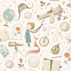 Little prince seamless pattern. Light background. Stock illustration.