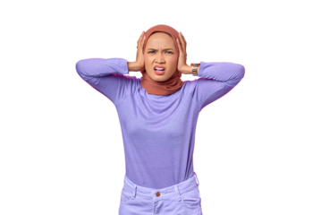 Portrait of angry young Asian woman covering her ears with hand isolated on transparent background
