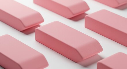 Pink Erasers Arranged on White Background School or Office Supplies