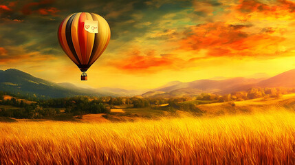 Obraz premium Romantic flight at sunset, a golden horizon view from a hot air balloon