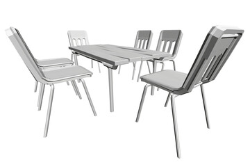 A white table with six chairs around it. The chairs are all white and have no visible designs. The table is the main focus of the image, and the chairs are arranged around it in a symmetrical manner