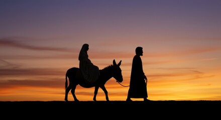 Joseph Virgin Mary on a donkey. Christian religious illustration, background, banner. Advent event