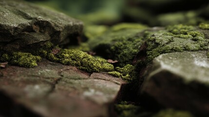 Rocks covered with moss and vegetation in an outdoor environment.
