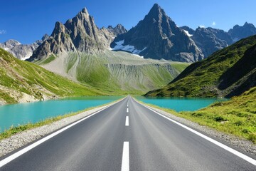 Fototapeta premium Scenic mountain road leading to turquoise lake. Vast, alpine landscape stretches out before a paved road, disappearing into the distance